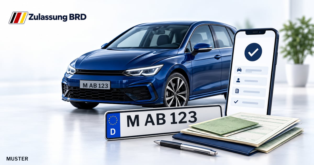 Online Fahrzeugzulassung in Unterschleißheim: Musterkennzeichen M AB 123, Auto und Fahrzeugpapiere und Smartphone. Illustration mit Logo von Zulassung BRD.